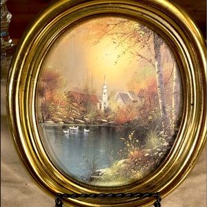 1986 Homco Oval Gold Framed Church Lake Swan Pics
